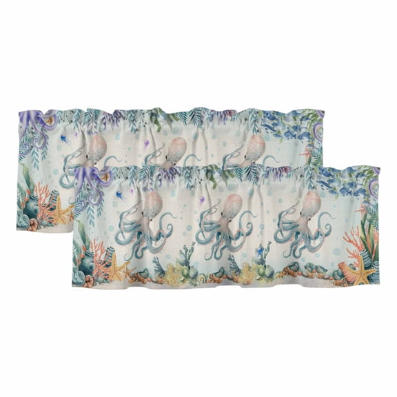 2 Pack Valances for Windows 54 x 18 Inch, Octopus Coastal Decorative Kitchen Curtain Valance, Summer Nautical Starfish Coral Beige Rod Pocket Short Curtains Window Treatment for Bathroom/Cafe