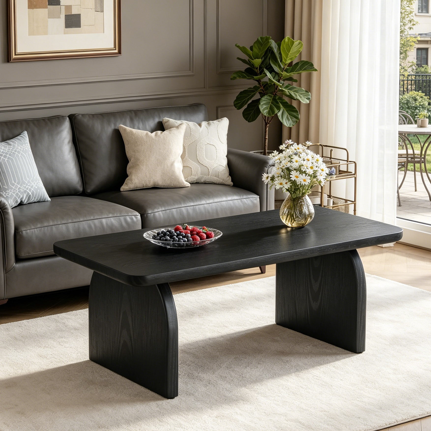 Fnova Farmhouse Coffee Table for Living Room, 47.24" Rectangle Black Coffee Table, Easy Assembly