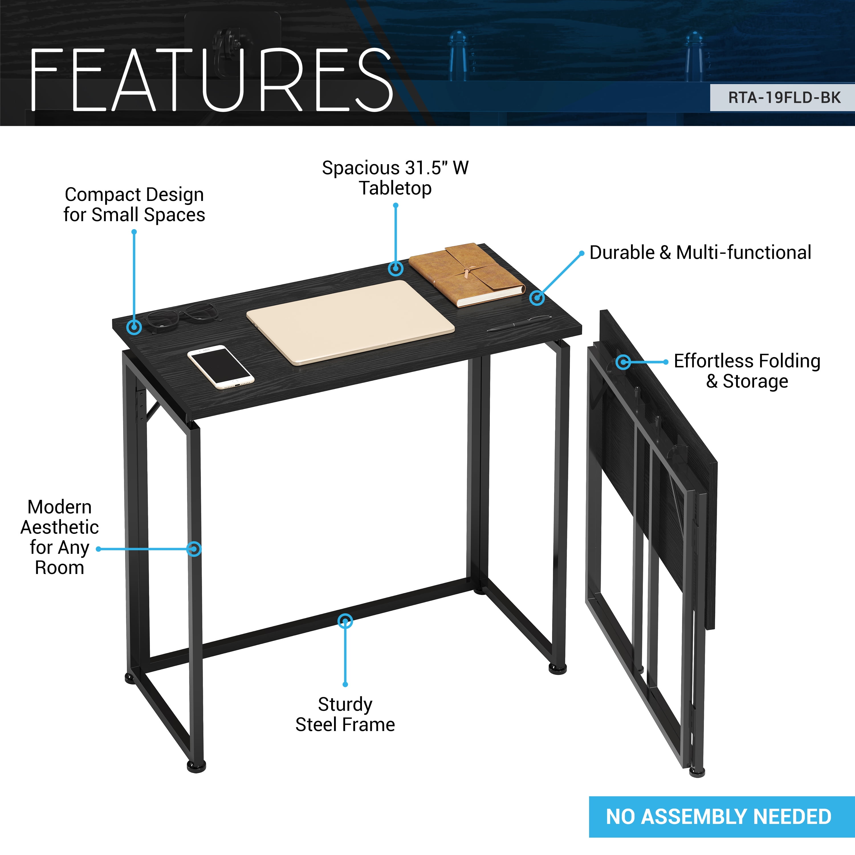 31.5 Inch Folding Desk, Black No Assembly Required Steel Frame Table, Compact Foldable Workstation for Apartment Dorm Bedroom Small Spaces