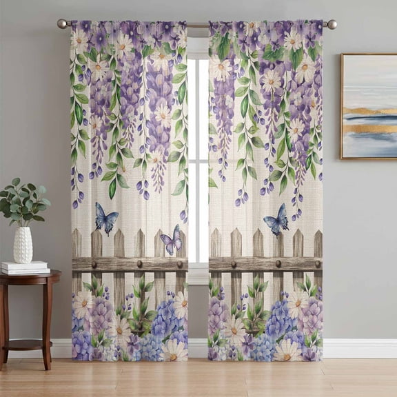 Spring Purple Flowers Sheer Curtains 84 Inch Length 2 Panels Set Window Treatments, Farmhouse Leaves Fences Burlap Rod Pocket Semi Curtains for Living Room/Bedroom/Kitchen Décor, 104"W x 84"L