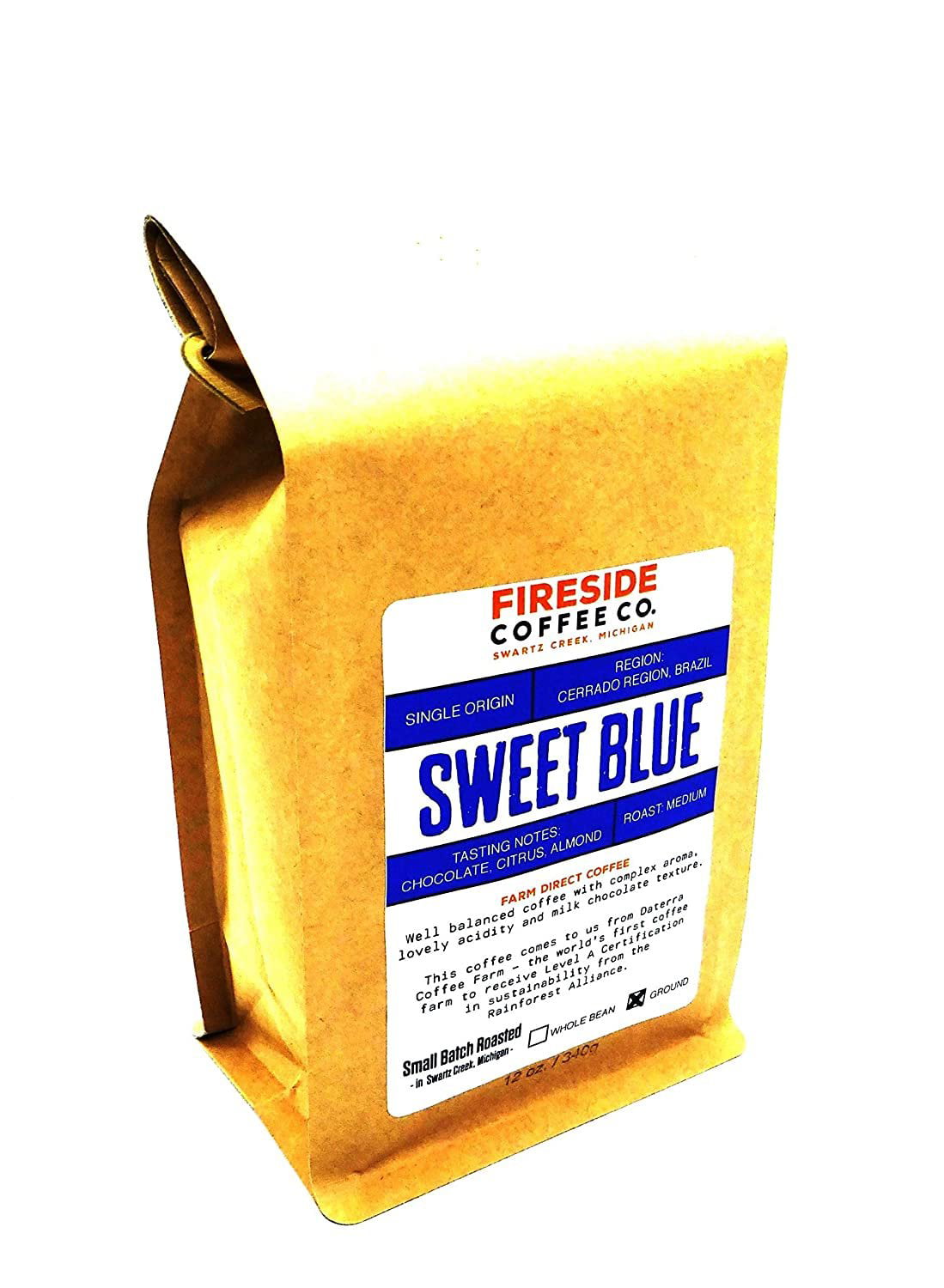 Fireside Coffee Company - Sweet Blue Coffee - 12 oz Bag- Farm Direct - Single Origin - Chocolate, Citrus, Almost - Roast: Medium - Small Batch Roasted: Ground - Sweet Blue