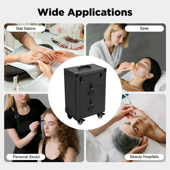 Rolling Makeup Case, Makeup Suitcase with Wheels Black for Makeup Enthusiasts, Hair Barbers, Nail Technicians