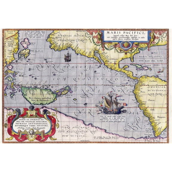 24x36 gallery poster, Maris Pacifici by Abraham Ortelius, first map of Pacific Ocean and Americas 1589, Theatrum Orbis Terrarumic