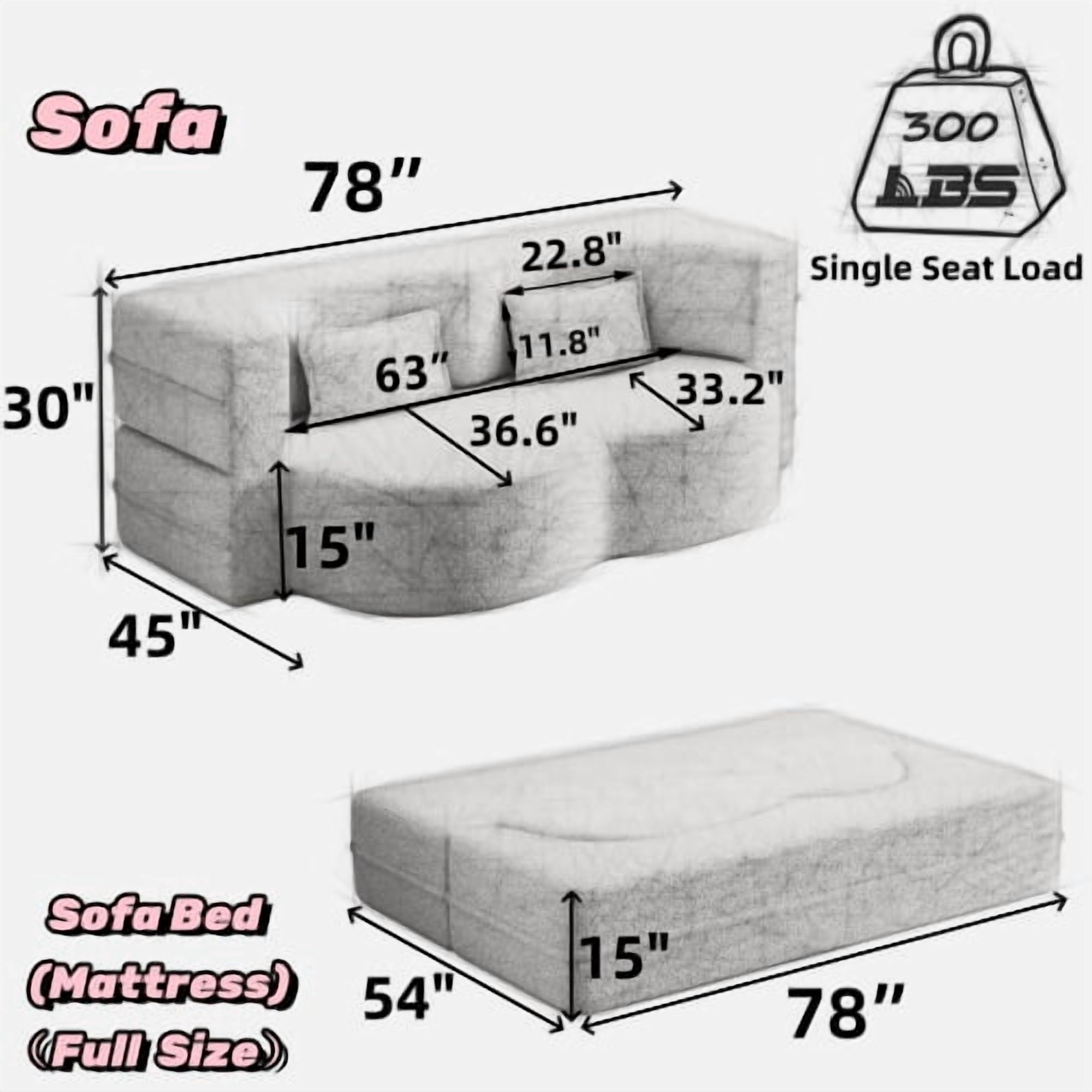 78" Convertible Floor Sofa with 2 Pillows, Sherpa Fleece Foam-Filled Sleeper Bed, Pink