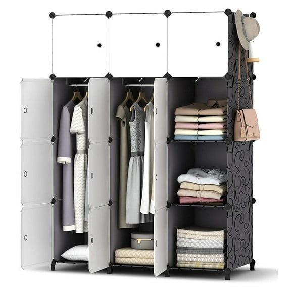 AGASY Wardrobe 111 x 47 x 147 cm (W xDx H) Clothes Organizer (Black and White) (Black and White, 12 Cubes)
