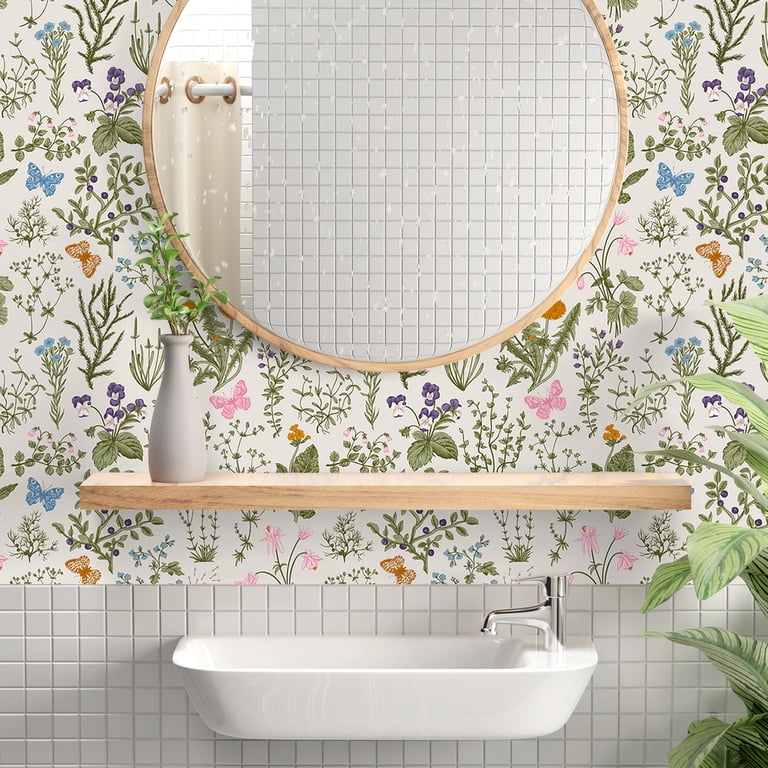 REDAMANCY Peel And Stick Wallpaper - Watercolor Green Leaf & Purple Flowers, Vintage Botanical, Removable Contact Paper