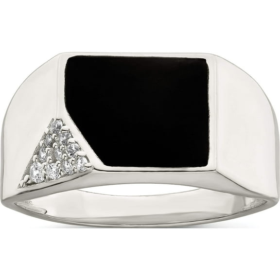 Sterling Silver Black Enameled And Cz Mens Ring (Size 10) Made In India qr7411-10