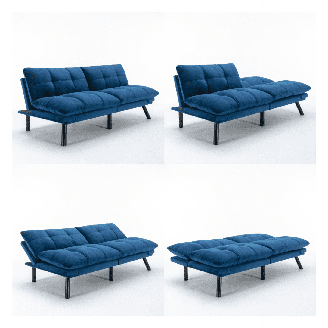 Convertible Futon Sofa Bed, 4 in 1 Sleeper Futon Couch Bed with Adjustable Armrest & Backrest, Memory Foam Futon Sofa Loveseat Sofa Bed in Velvet, Small Sofa for Living Room, Office, Apartment, Blue