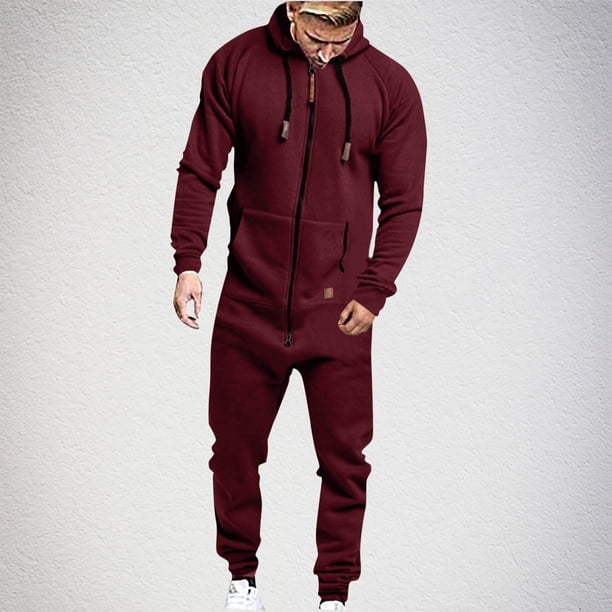 Mono de hombre de moda de color sólido con capucha, cremallera larga, bolsillo, mono informal, pantalones, pijama de poliéster para hombre