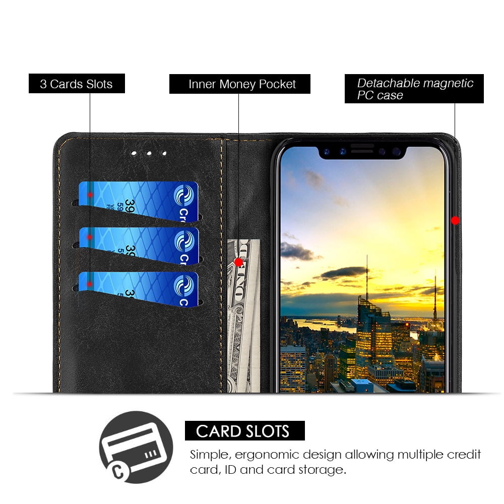 BUNDLE PACK: Vegan Leather Wallet Flip Case with Kickstand & Credit Card Slots (Black) Includes Tempered Glass Screen Protector for Apple iPhone XR