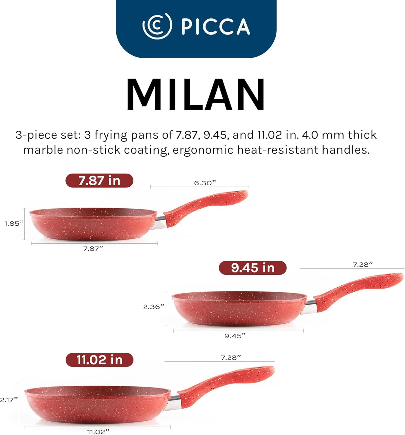 Picca Milan 3-Piece Large Cooking Pan Set - Easy Clean Marble Non Stick Frying Pan Set with Mineral Based Coating - No PFAS/PFOS/PFOA - Red - 7.8in, 9.4in, 11in