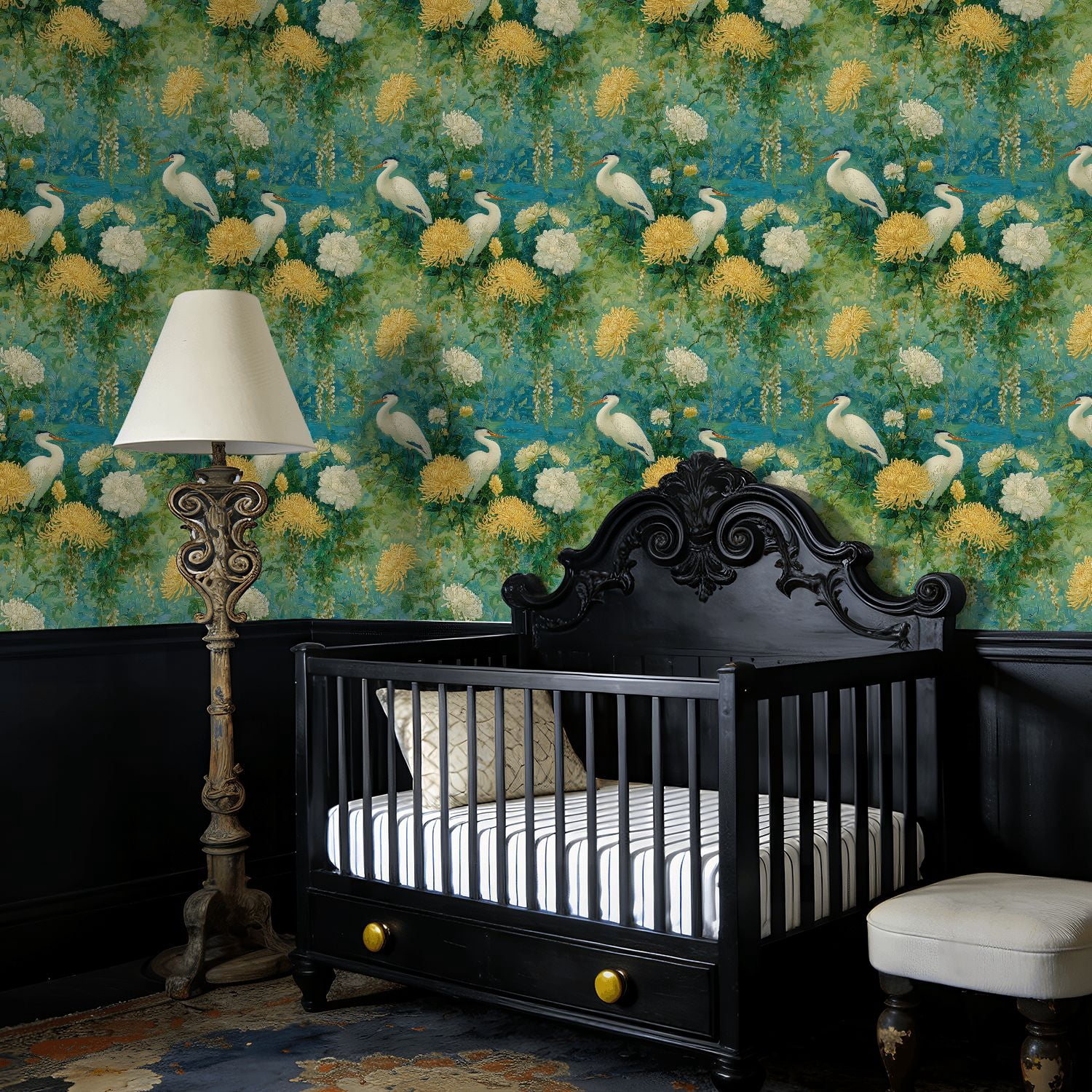 Boho Peel and Stick Wallpaper White Cranes Golden Chrysanthemums Teal Garden Wall Mural 17.7in x 9.8ft Self Adhesive Removable Wall Paper Renter Friendly Wallpaper for Bedroom Kitchen Farm