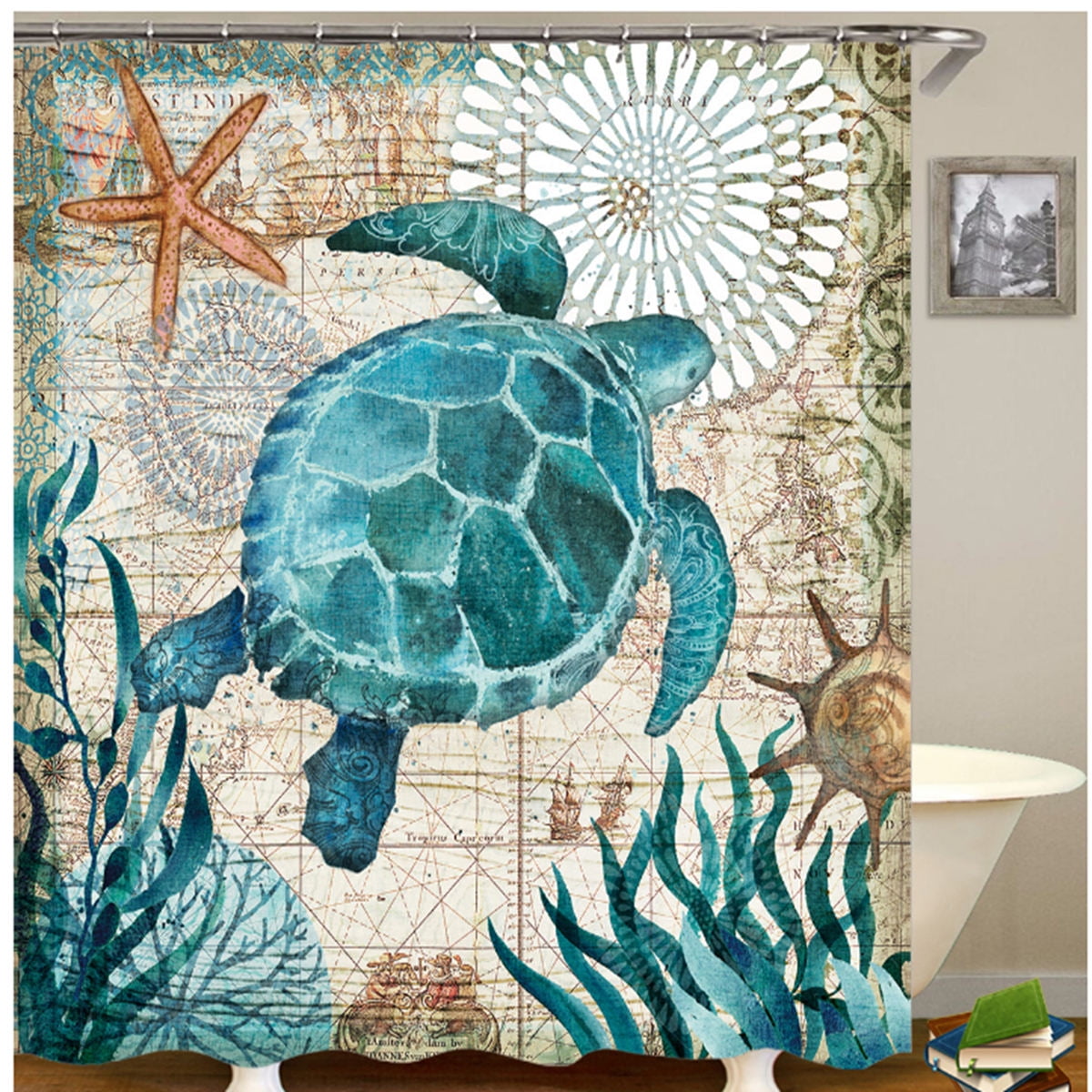 A Sea Turtle on Beach 71 Inch Bathroom Waterproof Fabric Shower Curtain & Hooks 