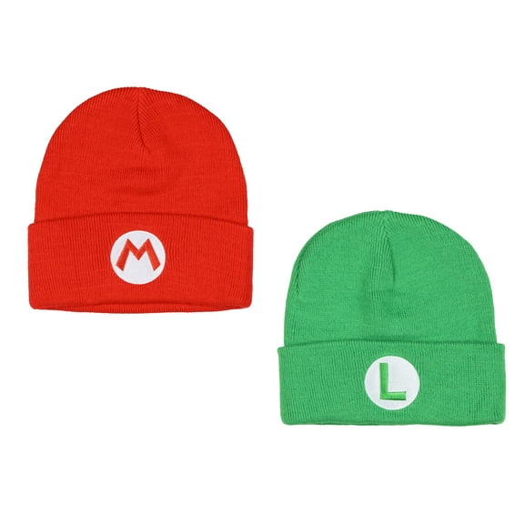 Nintendo Beanie | Super Mario Bros. Mario and Luigi Embroidered Patch 2-Pack Knit Cuffed Cold Weather Beanie Set For Men and Women