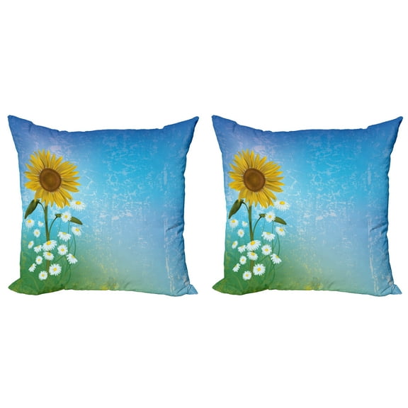 Ambesonne Pastel Throw Pillow Cover 2 Pack, Sunflowers Chamomiles, 20", Blue Yellow Green