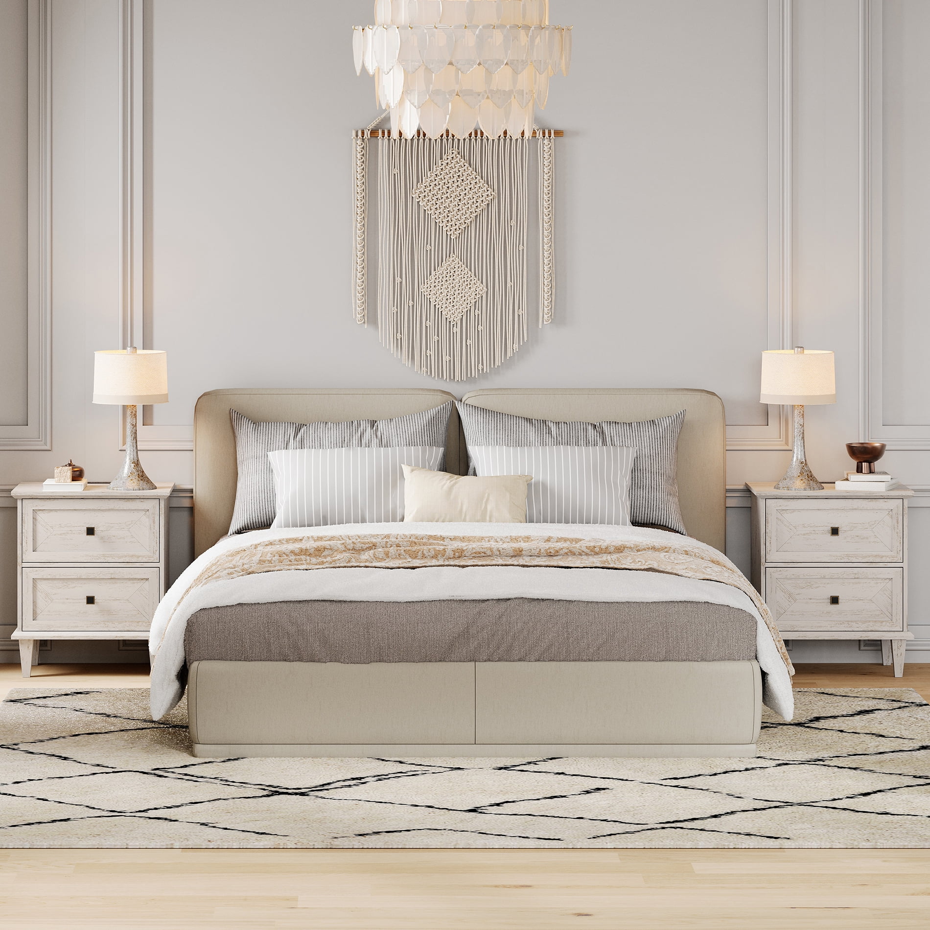 WAMPAT Night Stand with Charging Station, Rustic Farmhouse Bedside Table with Drawers & Solid Wood Legs, White Side End Table for Living Room Bedroom, Distressed White