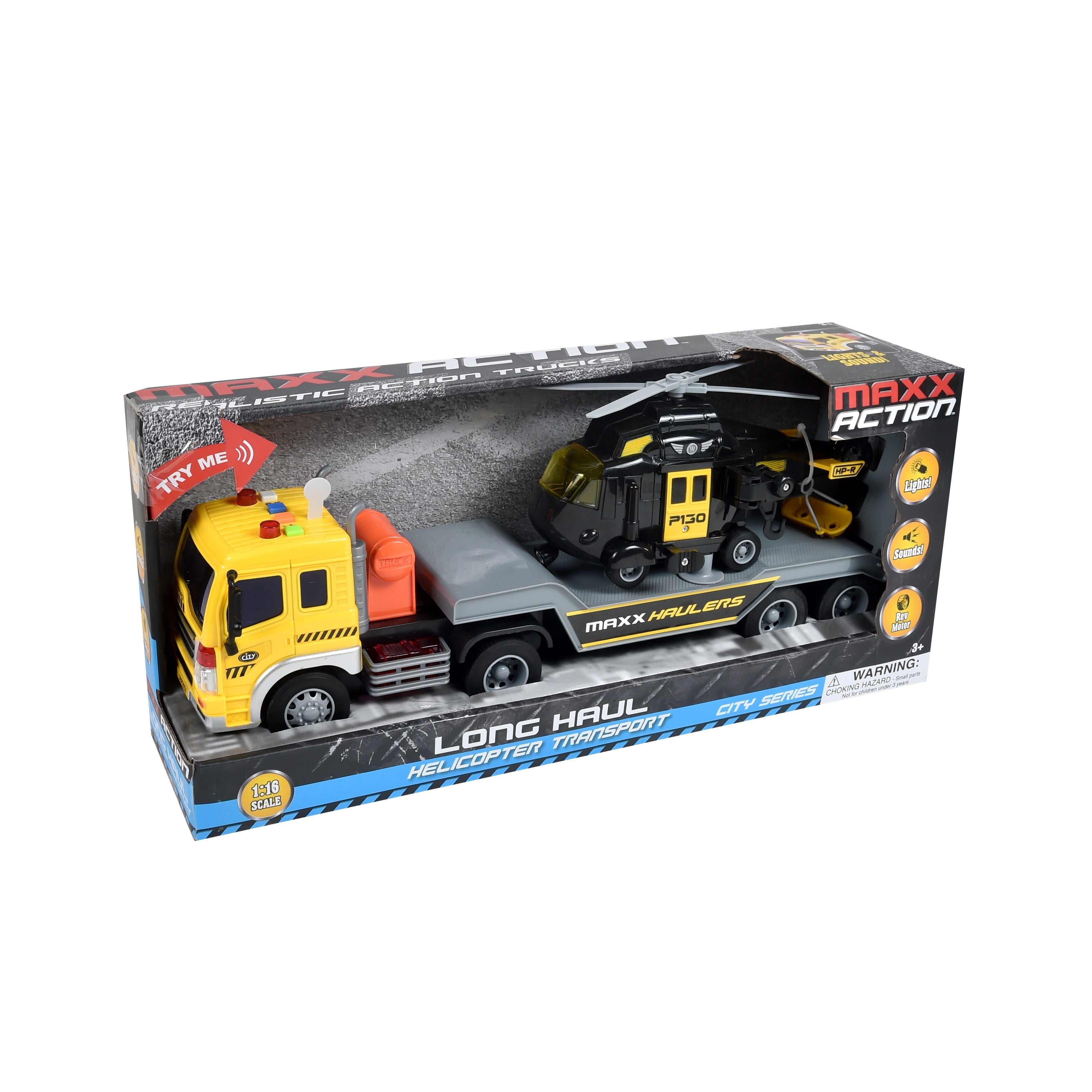 Maxx Action 116 Scale Long Hauler with Helicoptor Transport Truck with Realistic Lights and
