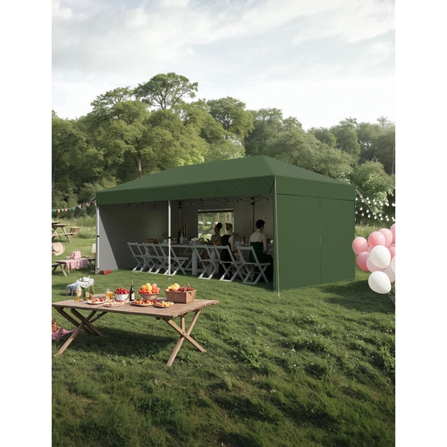 AKDSteel Tente à Auvent Escamotable 10 X 20 Pi avec 4 Parois Latérales, Installation Instantanée à un Bouton, Oxford 210D Robuste, Hauteur Ajustable, Protection UV, Sac à Roulettes, Sacs de Sable – Abri pour Fête et Plage en Plein Air