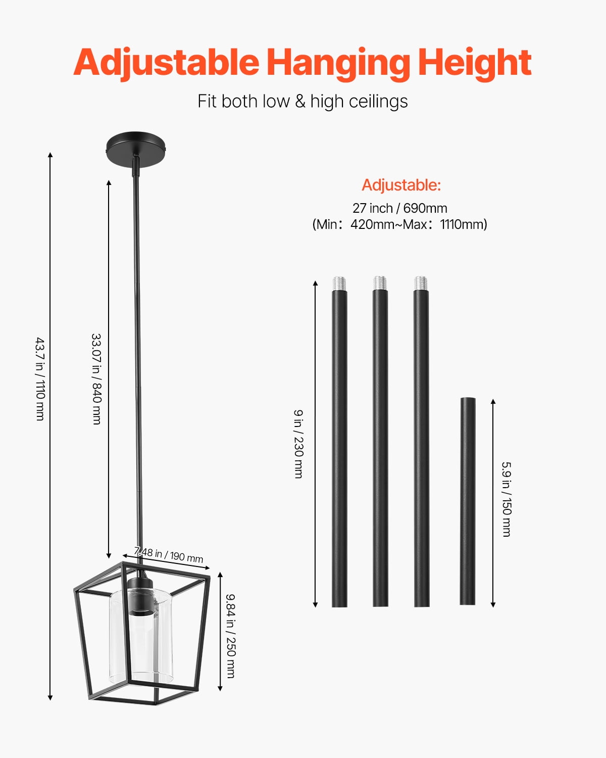 VEVOR 1-Light Black Pendant Light, 1 Pack, Farmhouse Iron Cage Metal Pendant Lighting with Clear Glass Shade, Adjustable Height Hanging Ceiling Lighting for Bedroom, Hallway, Entryway, Kitchen