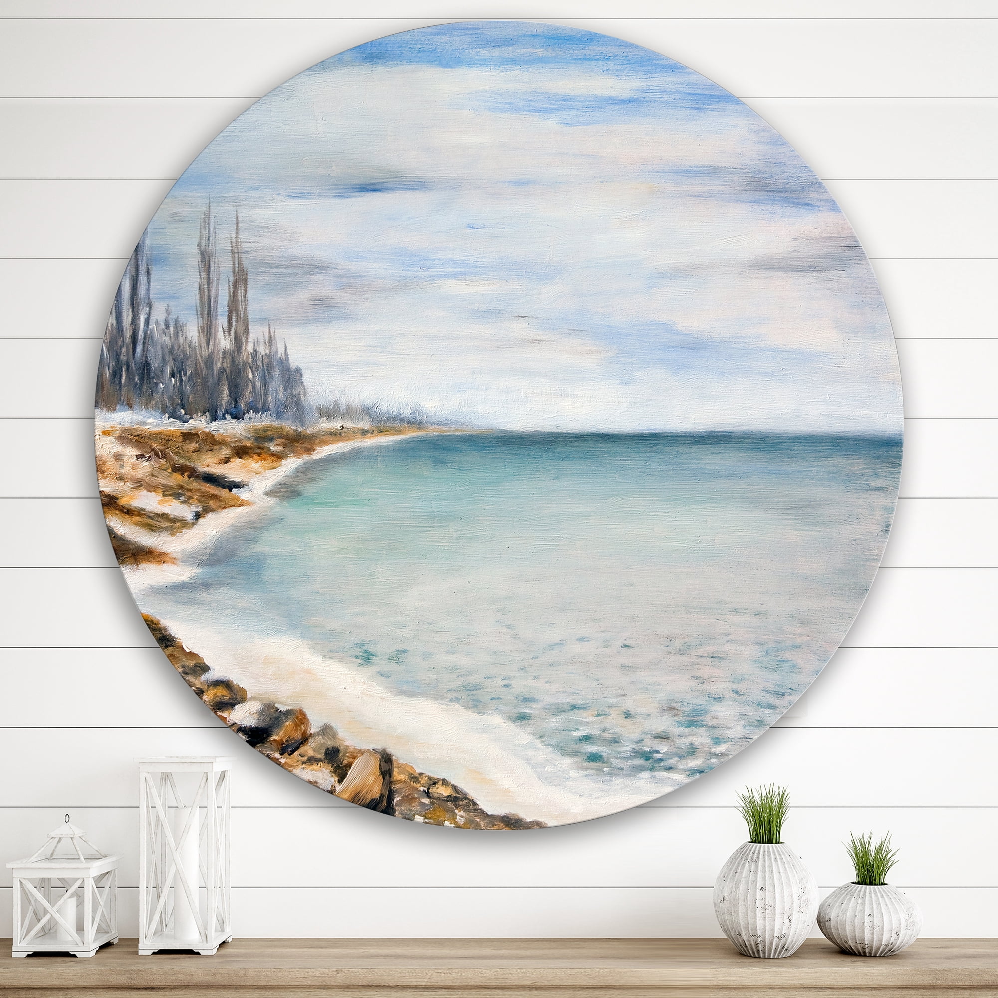Designart 'Beach Is Covered With Ice' Nautical & Coastal Circle Metal Wall Art 36x36 - Disc of 36