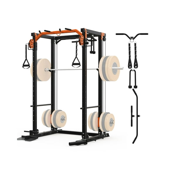 Power Cage, Power Rack with Cable Crossover System, 2000LBS Squat Rack with LAT Pull Down System, Workout Cage with Pulley System for Home Gym
