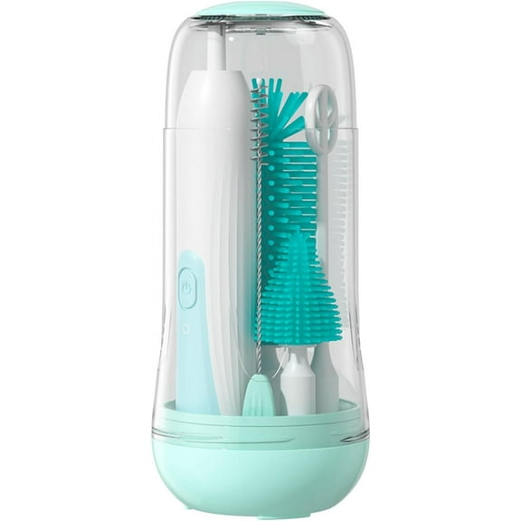 Travel Electric Baby Bottle Brush Set with Electric Bottle Cleaner and Water Bottle Brush and Nipple/Straw Brush,Milk Frother and Drying Rack(Green)