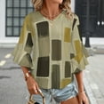 thumbnail image 3 of Abstract Brown Gold Rectangles Art Women's V-Neck Blouse With 3/4 Ruffled Bell Sleeves Casual Top Ladies Blouses, 3 of 7