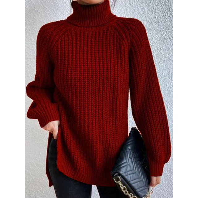 Automne et Hiver Robe Chandail Longue Manches raglan Col Haut Fendu pour Femmes