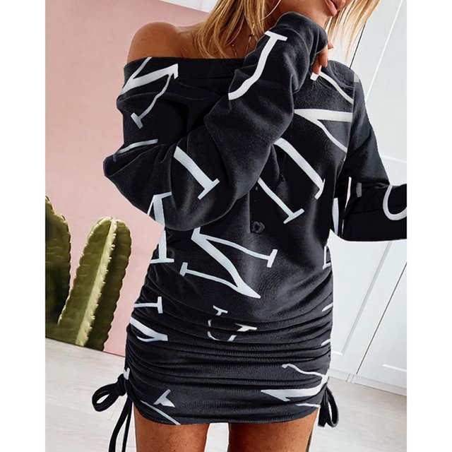 Womens Dresses Clearance Plus Size Women's Trendy Pullover Off Shoulder Print Drawstring Ruched Long Sleeve Dress Gray L JE