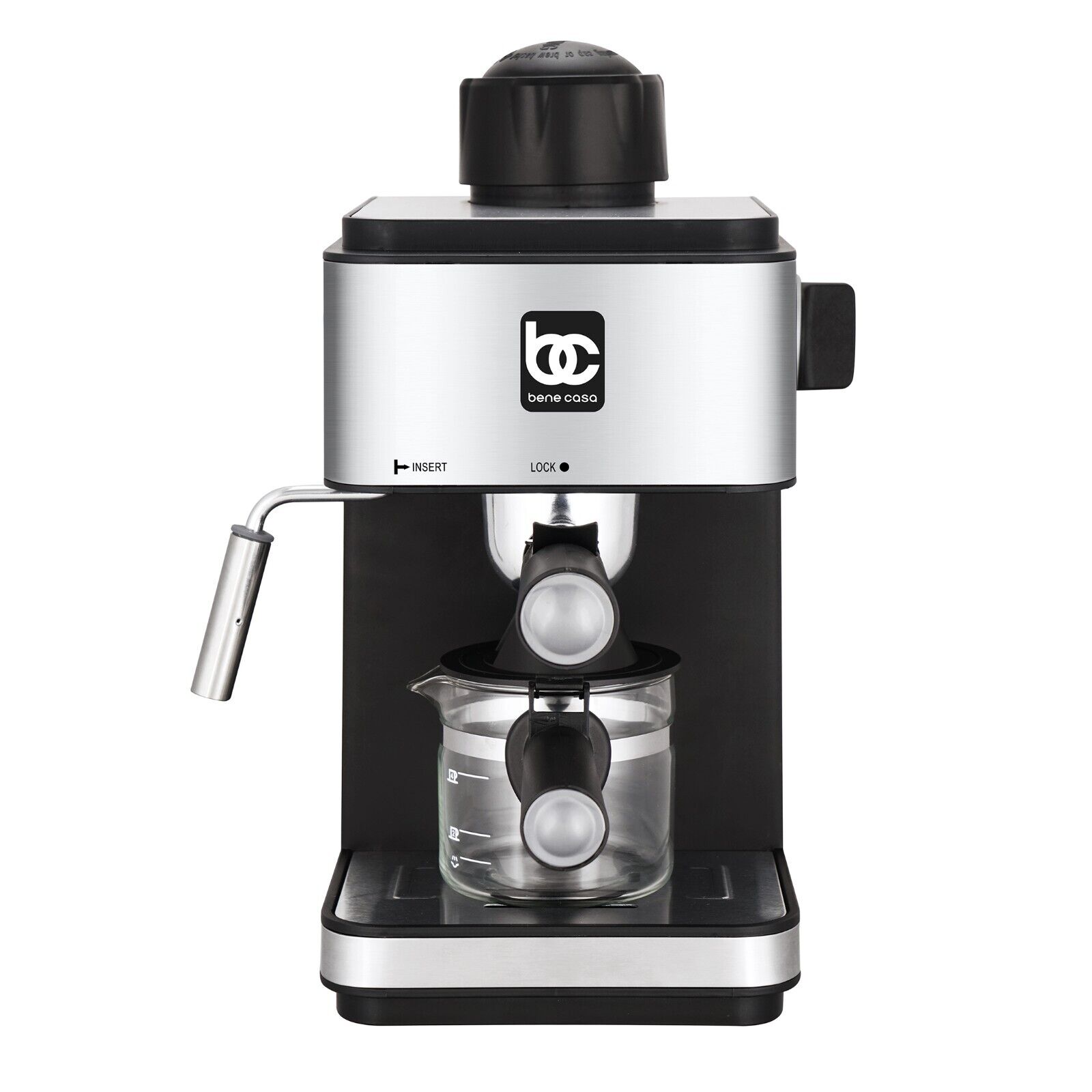 Bene Casa 4-cup Electric Espresso Maker with Milk Frother, Black with Stainless