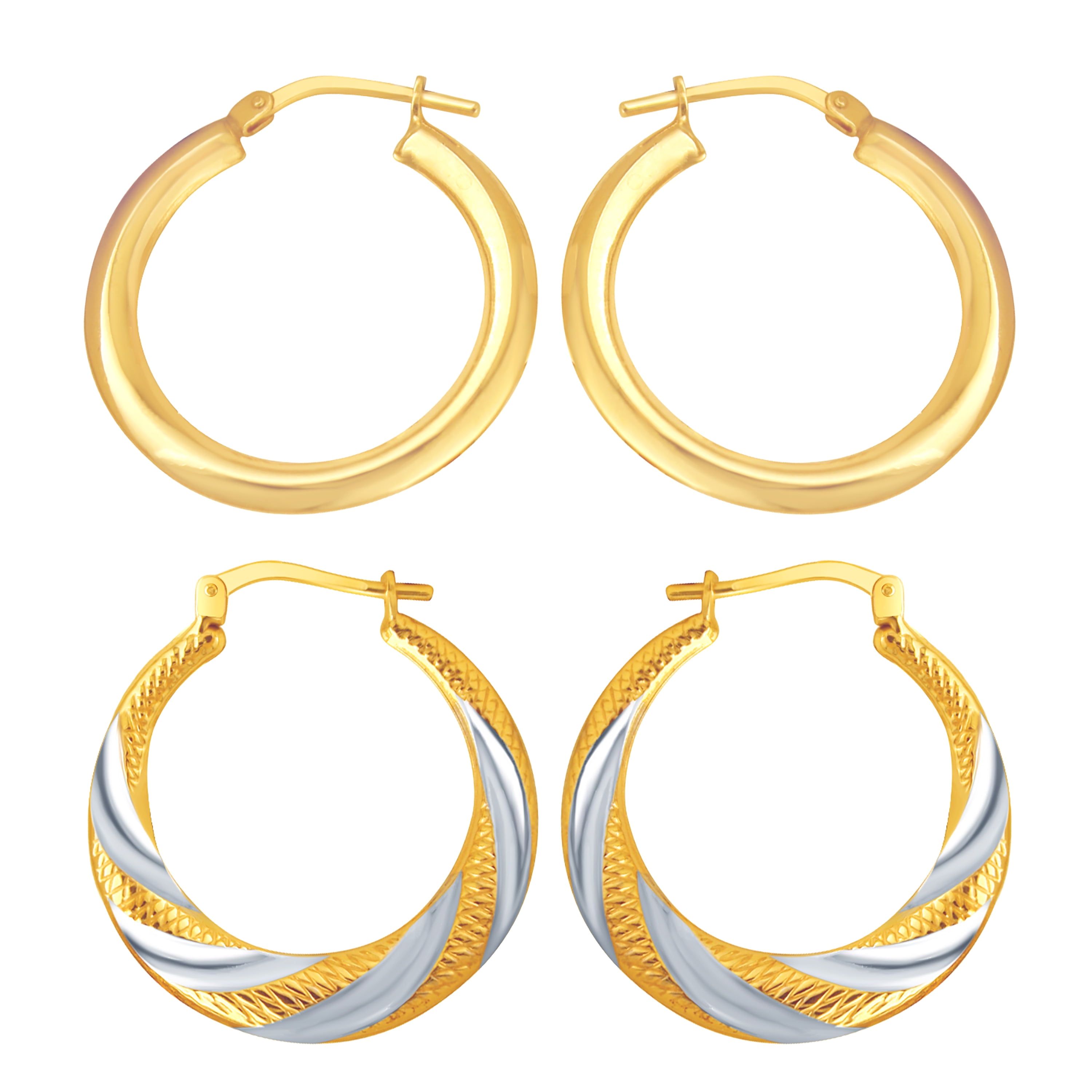 Brilliance Fine Jewelry Women's 14K Gold Plated Sterling Silver Glossy And 2Tone Twisted Hoops Adults Earrings Set