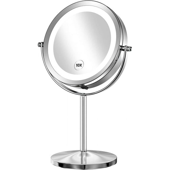 Houflody 1x/10x Magnifying Lighted Makeup Mirror Double Sided Round Mirror Standing 360 Degree Swivel Vanity Mirror Battery Operated 7 Inch Diameter Shaving Bathroom Mirror, Button Switch-Silver