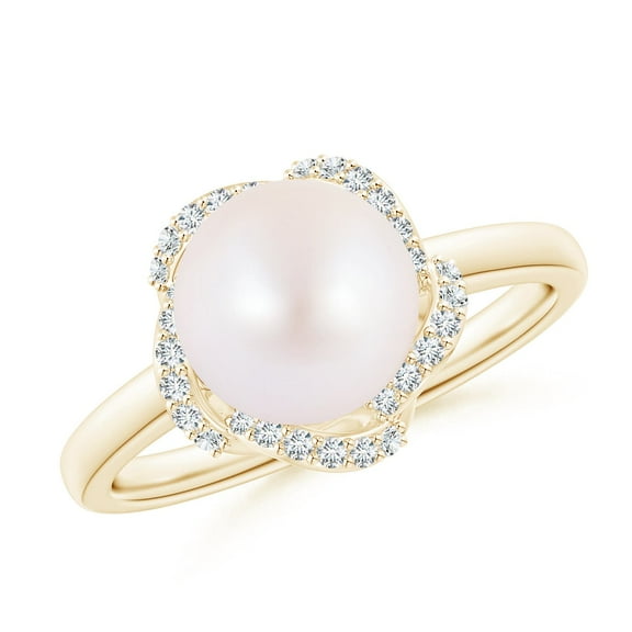ANGARA Japanese Akoya Cultured Pearl Overlapping Halo Ring in 14K Yellow Gold for Women | June Birthstone, Birthday, Anniversary, Jewelry Gift for Women | Pearl Ring