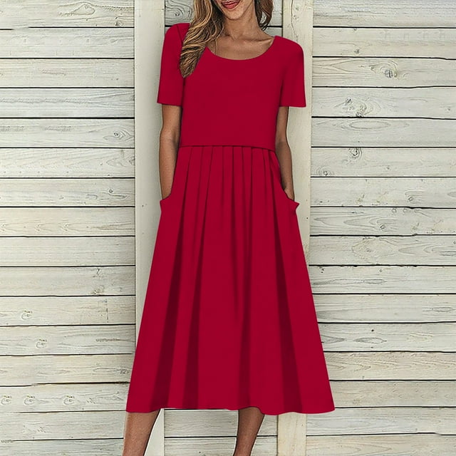 Robes à Manches Courtes Col Rond, Tenue de Fête Décontractée, Design Uni avec Poches, Style Fluide en Ligne A, Occasions Quotidiennes, Mélange de Coton Léger, Occasions Formelles Élégantes, Choix de Mode Tendance