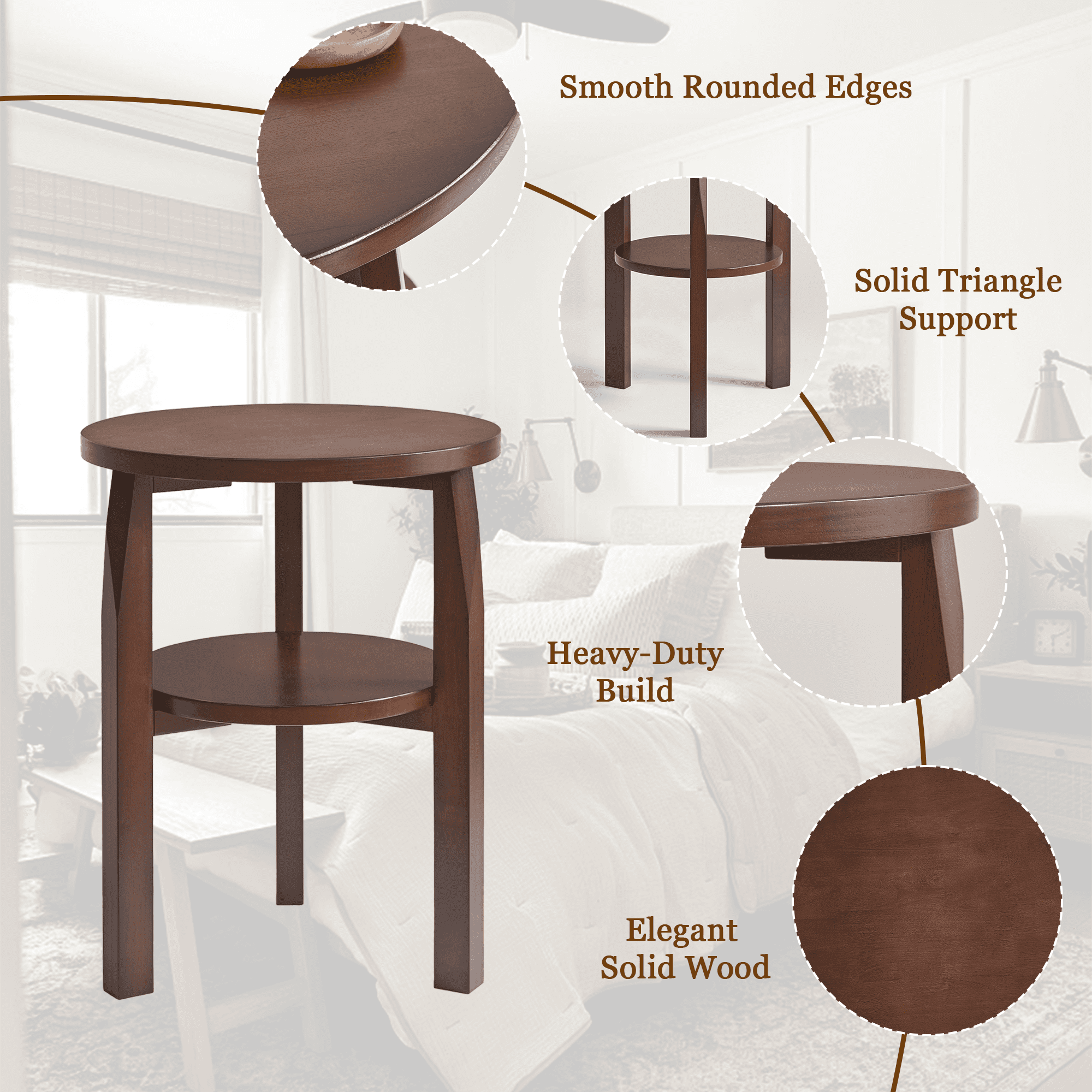 Solid Rubberwood Round End Table, 2-Tier Side Table with Storage Shelf, Small Accent Table for Living Room, Bedroom