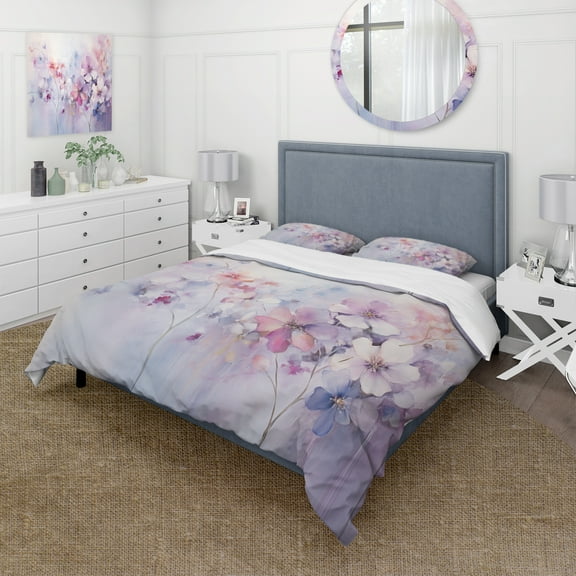 Designart "Purple Dreamy Flowers I" Abstract Botanicals Bedding Covert Set - Modern Purple Abstract Bed Set With 2 Shams