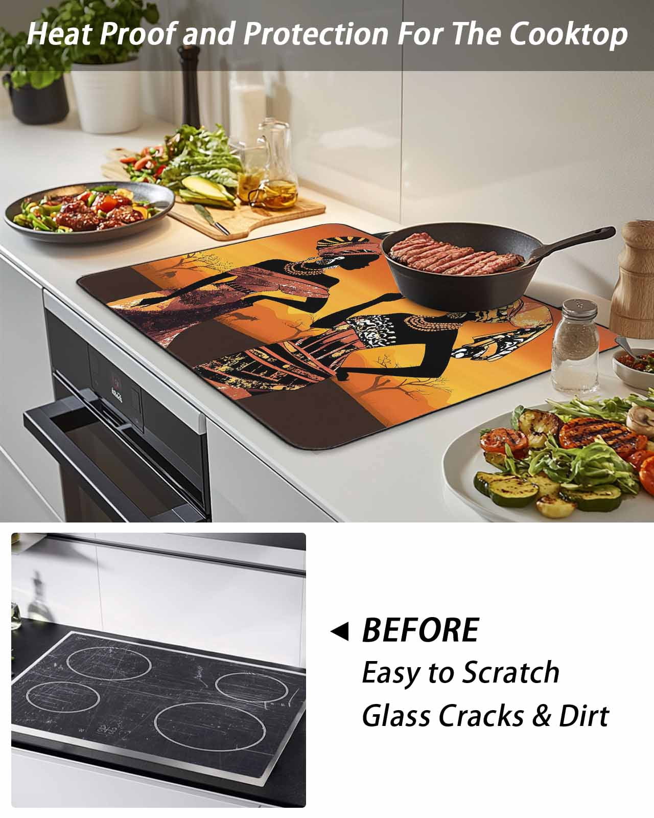 Stove Top Covers for Electric Stove, Black Orange Girls Boho Glass Stovetop Cover Protector, Vintage Ethnic Abstract Art Induction Cooktop Protector Oven Mat for Kitchen Countertop 24"x21"