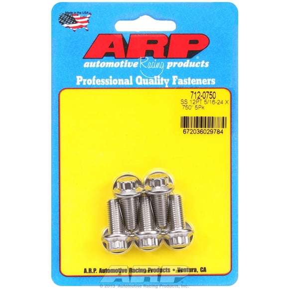 ARP Boulon de Course Auto 712-0750 Filetage Fin; 5/16 Pouce - 24 Filetages; 0.750 Pouce Longueur sous la Tête; Taille de Douille 3/8 Pouce; Type Tête 12 Points; Poli; Acier Inoxydable; Lot de 5