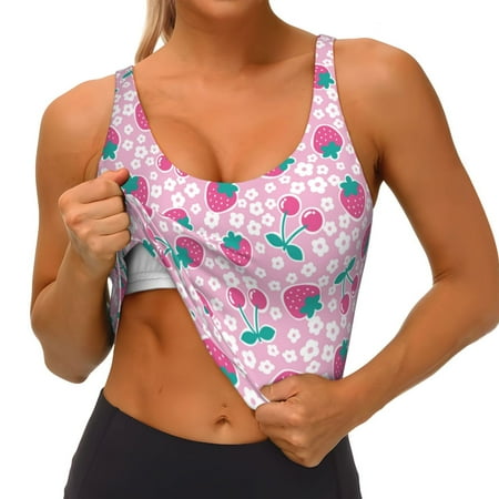 Qokaie Cherry Strawberry Pattern Womens Scoop Neck Sports Bra Breathable Workout Vest Padded U Back Medium Impact Fitness Gym Yoga Bra Workout Crop Top