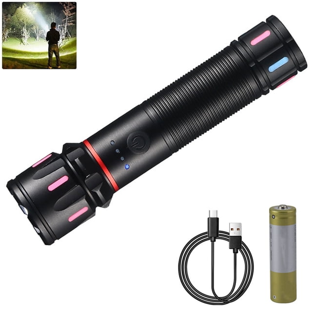 Tignapoo Tactical Aluminum Alloy Flashlight with White Laser, 2000LM Brightness, USB-C Rechargeable, 18650 Battery, and Emergency Glass Breaker Included