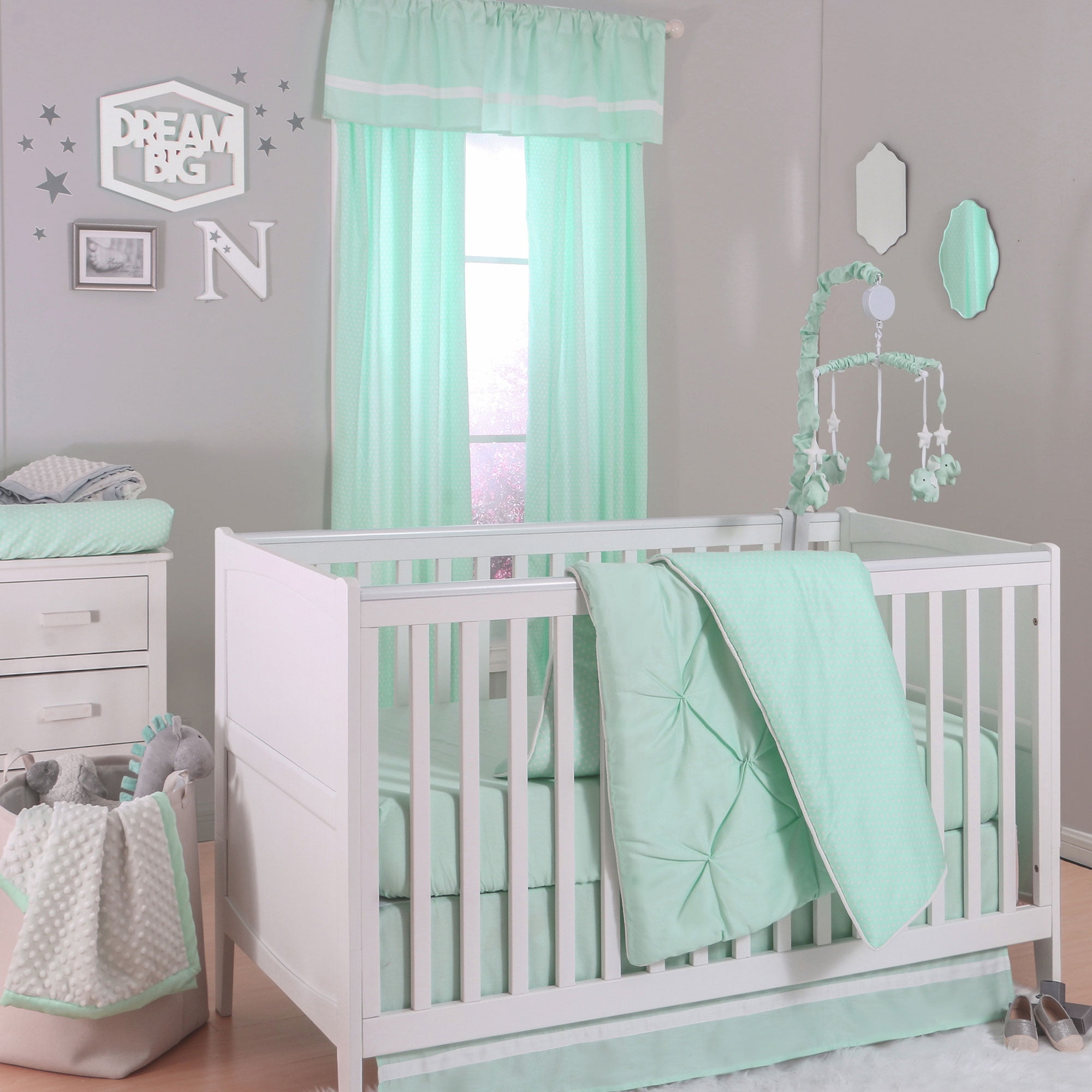 mint green and grey baby bedding
