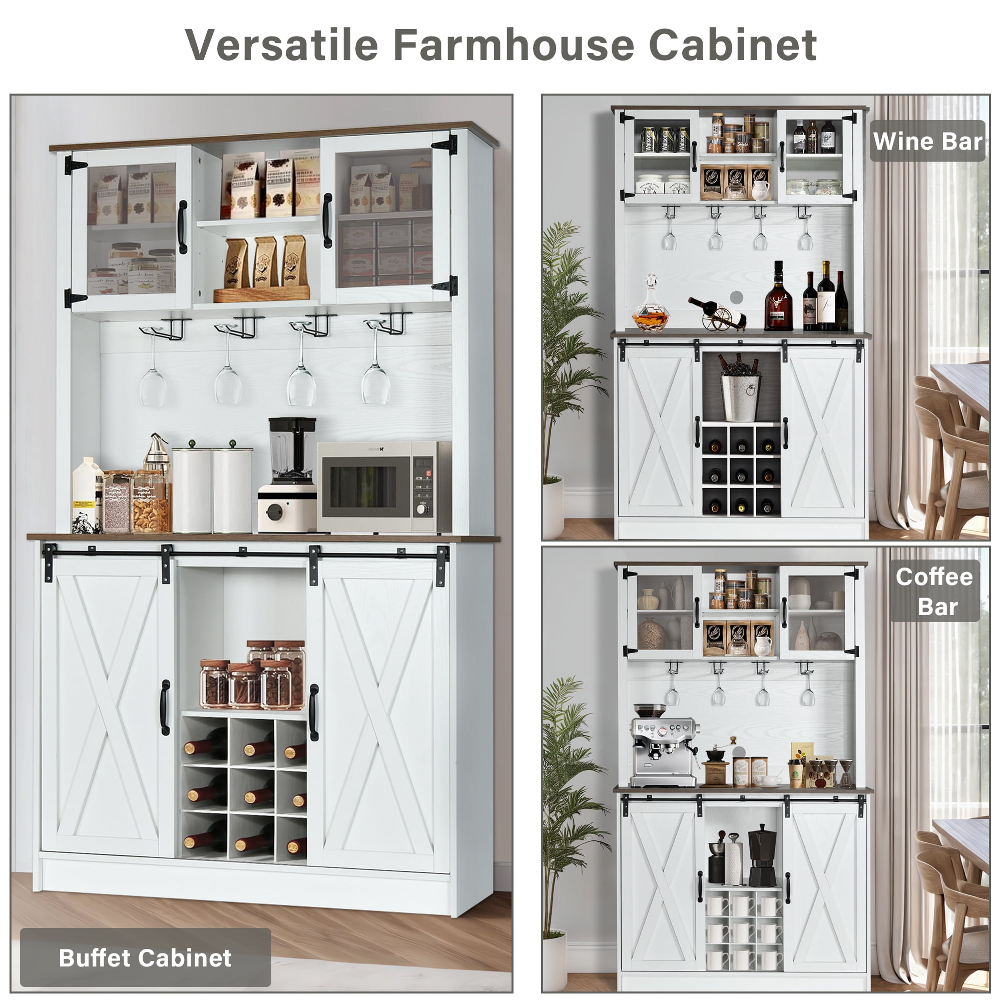 DreamCurship 72" Kitchen Pantry Storage Cabinet, Freestanding Cupboard Storage Buffet Hutch with Microwave Stand, Coffee Bar Cabinet with 9 Racks & 4 Row Wine Glass Holders, White