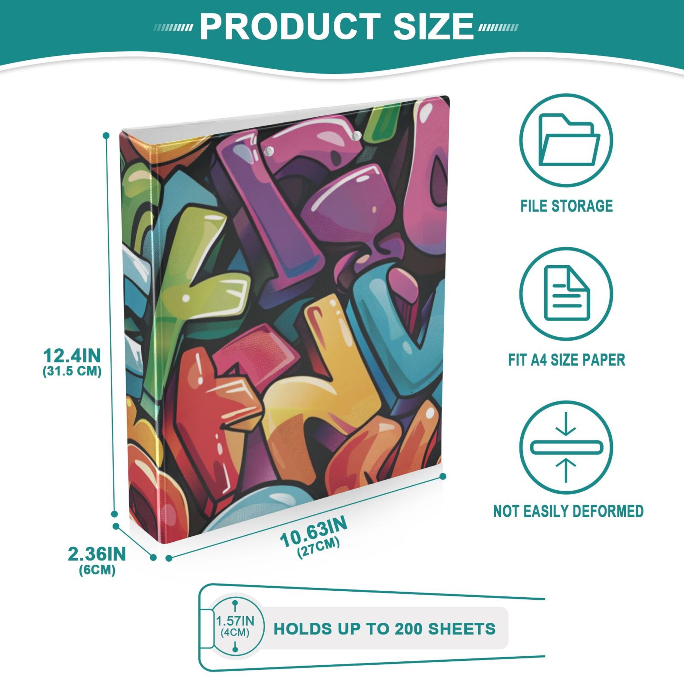 Cartoon Words 3 Ring Binders 1.5 inch Hardcover File Folders with Interior Pockets A4 Size Organizer for School Office Hospital