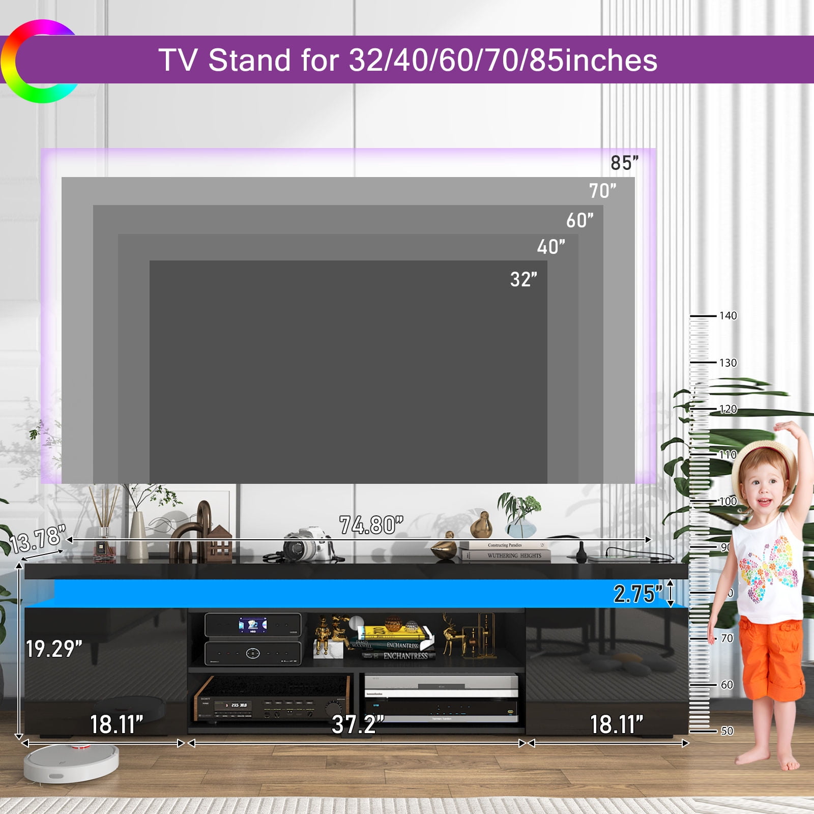 75" LED TV Stand with Power Outlet for up 85" TVs, Modern Large Entertainment Center TV Console Table with Long Open Shelf