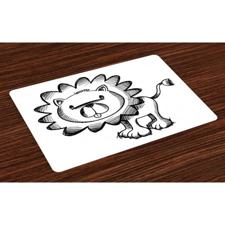 

Doodle Placemats Set of 4 Sketchy Baby Lion African Wildlife Character Safari Jungle Savanna Habitat Theme Washable Fabric Place Mats for Dining Room Kitchen Table Decor Black White by Ambesonne