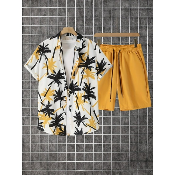 Men's Shirt Hawaiian Sets Casual Button Down Short Sleeve Shirt and Solid Color Quick Dry Beach Shorts Yellow M