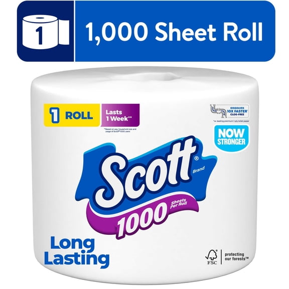 Scott 1000 Toilet Paper, 1 Roll, 1,000 Sheets per Roll