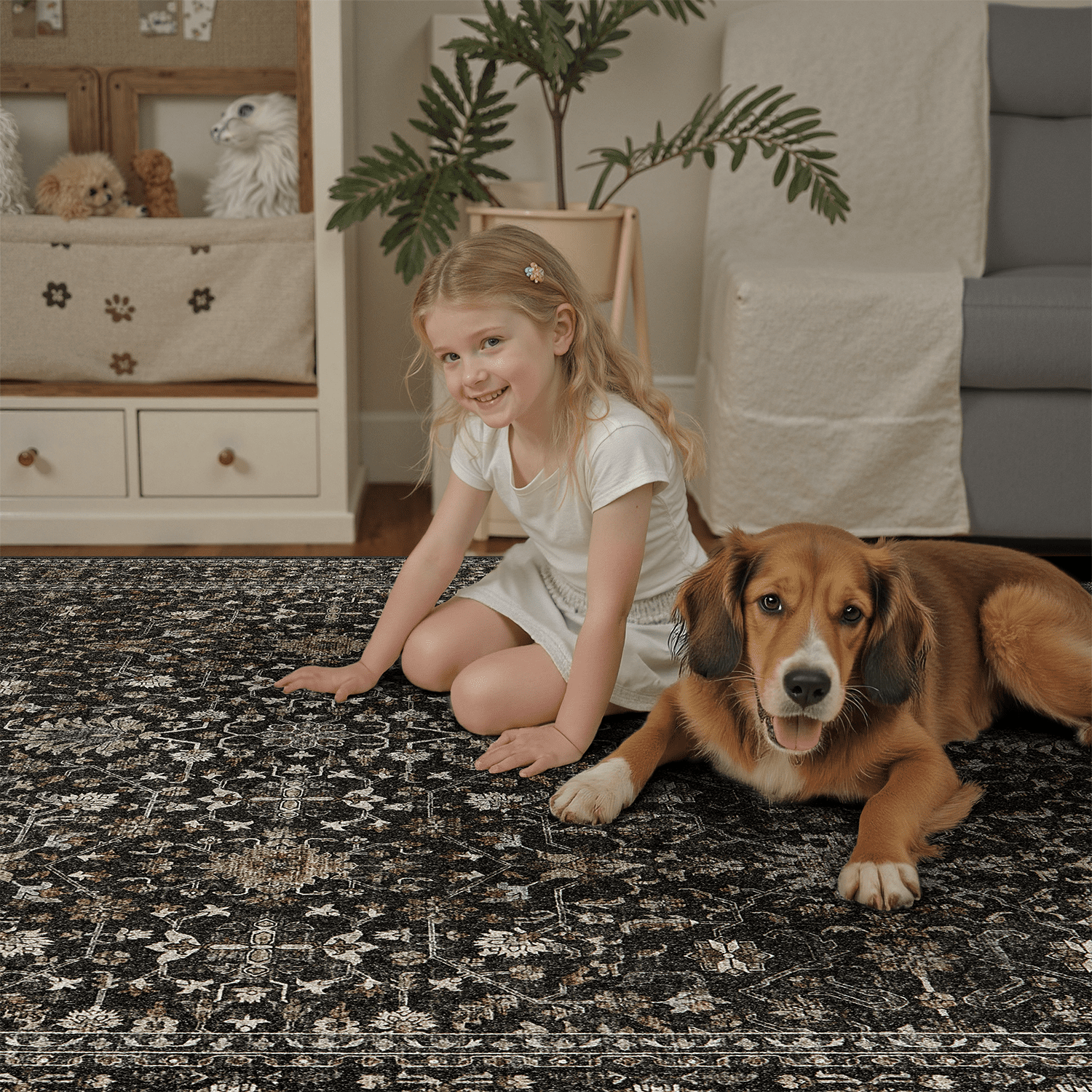 Floral 9x12 Area Rug, Machine Washable, Soft Vintage Floral Rug Non Slip Stain Resistant for Living Room -Black