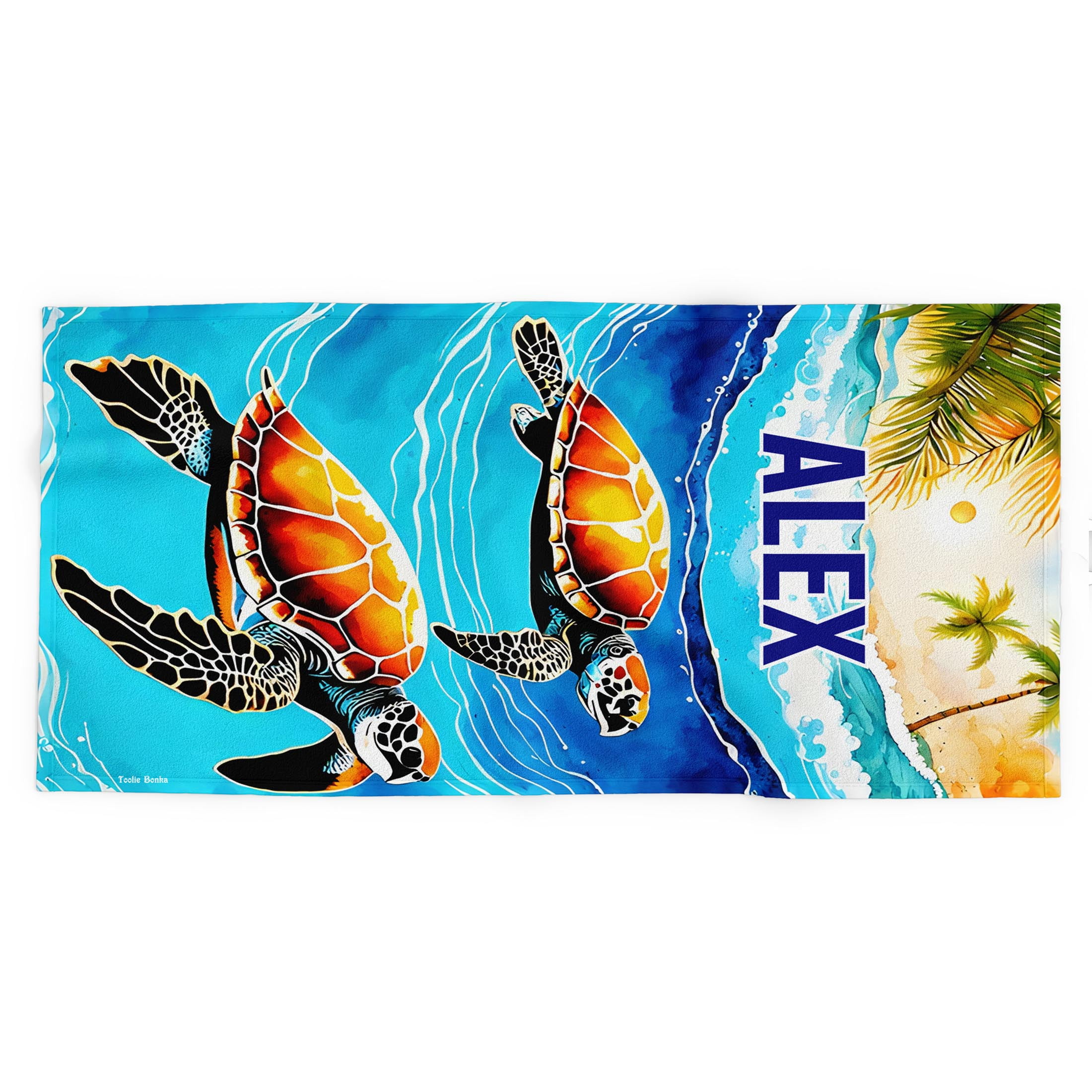 Toolie Bonka Personalized Tropical Sea Turtle Beach Towel for Boys, 30×60 Dual sided Polyester & Cotton gift towels for kids