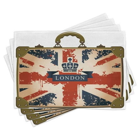 

Union Jack Placemats Set of 4 Vintage Travel Suitcase with British Flag London Ribbon and Crown Image Washable Fabric Place Mats for Dining Room Kitchen Table Decor Dark Blue Red Brown by Ambesonne